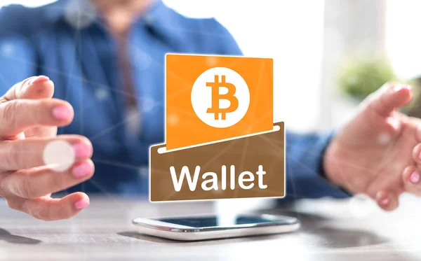 stock image Smartphone with bitcoin wallet concept between hands of a woman in background
