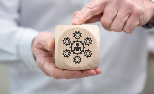 Hand Holding Wooden Cube Symbol Skills Concept — Stockfoto