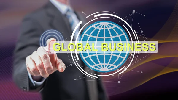 Man Een Wereldwijde Businessconcept Een Touchscreen Met Zijn Vingers Aan — Stockfoto