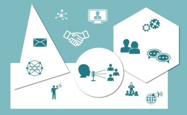 Geometrik şekiller arka planında simgelerle halkla ilişkiler kavramı