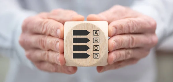 Hand Holding Wooden Cube Symbol Efficiency Concept — ストック写真