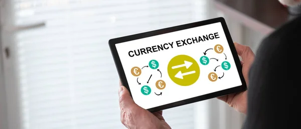 Currency Exchange Concept Shown Tablet Held Man — Stock Photo, Image