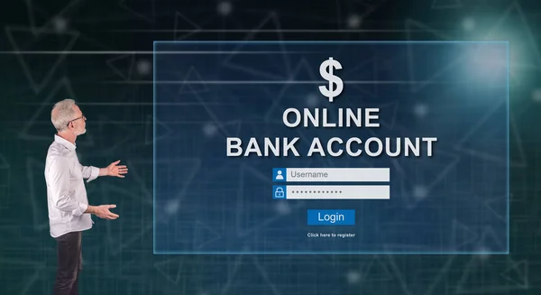 壁の画面にオンライン銀行口座のウェブサイトを示すビジネスマン — ストック写真