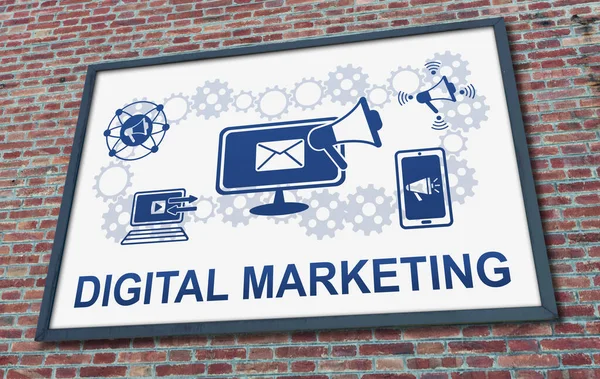 Digitales Marketingkonzept Auf Einer Plakatwand Gezeichnet Die Einer Ziegelwand Befestigt — Stockfoto