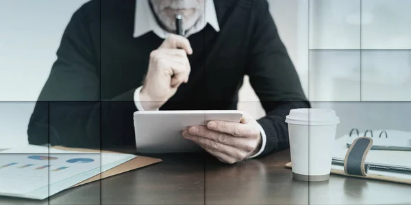 Senior Businessman Working Digital Tablet Office Geometric Pattern — Stock fotografie