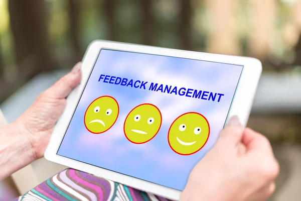 Female Hands Holding Tablet Feedback Management Concept — Stock Photo, Image