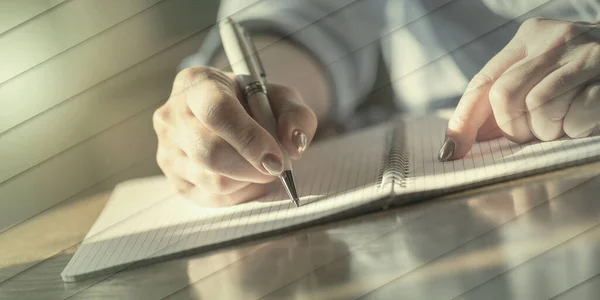 Woman Pen Writing Notebook Geometric Pattern — Stockfoto