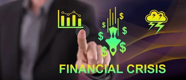 Ember Megérint Egy Pénzügyi Válság Koncepciót Egy Érintőképernyőn Ujjával — Stock Fotó