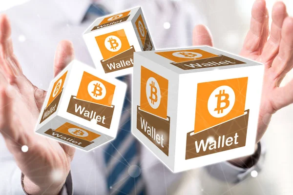 Bitcoin Wallet Konzept Zwischen Den Händen Eines Mannes Hintergrund — Stockfoto
