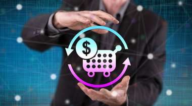 Purchase concept between hands of a man in background