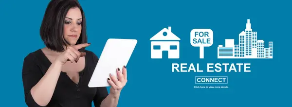 Woman Using Digital Tablet Real Estate Concept Background — Stock Photo, Image
