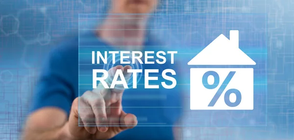 Man Touching Interest Rates Concept Touch Screen His Finger — Stock Photo, Image