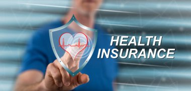 Bir sağlık sigortası kavramı onun parmak dokunmatik ekranlı cep bilgisayarlarda dokunmadan adam