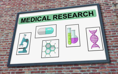 Medical research concept drawn on a billboard fixed on a brick wall