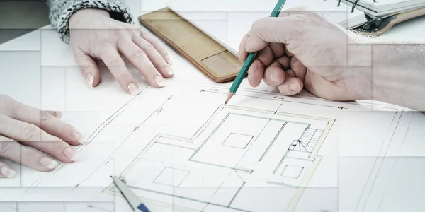 Architect Showing House Plans His Client Geometric Pattern — Stock fotografie