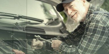 Car mechanic repairing a car engine, geometric pattern