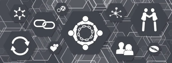 Concept of friendship with icons on hexagons