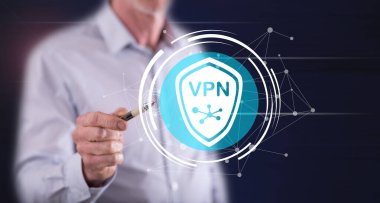 Dokunmatik ekranda bir VPN konseptine kalemle dokunan adam