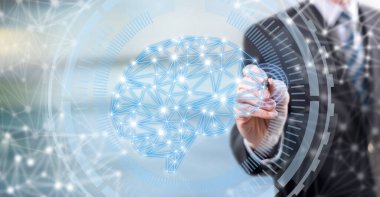 Adam bir zeka kavramı bir dokunmatik ekran üzerinde bir stylus kalem ile dokunmak