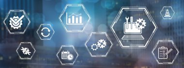 Bulanık koyu arkaplanda simgeleri olan sistem bakımı kavramı