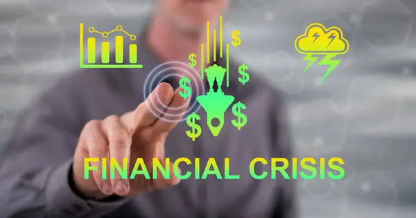 Ember Megérint Egy Pénzügyi Válság Koncepciót Egy Érintőképernyőn Ujjával — Stock Fotó