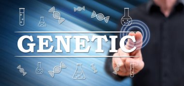 Adam elleriyle bir dokunmatik ekran üzerinde genetik bir kavram dokunmadan