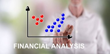 Adam dokunmatik ekranda finansal analiz kavramına parmağıyla dokunuyor.