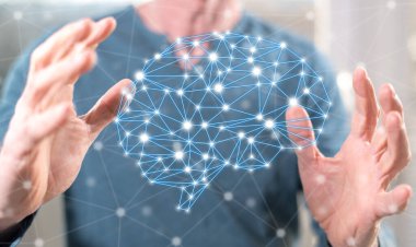 Arka planda bir adamın elleri arasındaki yapay zeka kavramı