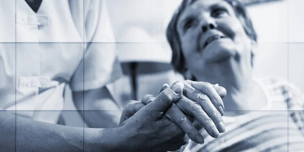 Nurse Holding Hand Old Woman Geometric Pattern — Stock Photo, Image