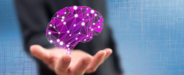 Yapay zeka kavramı arka plandaki bir adamın elinden üstündür.