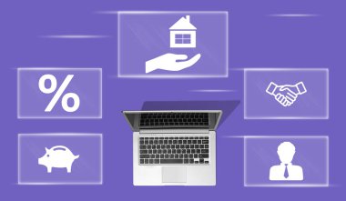 Top view of laptop with symbol of real estate concept