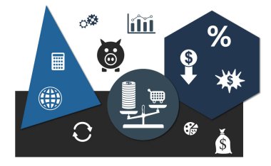 Geometrik şekiller arka planında simgeleri olan enflasyon kavramı