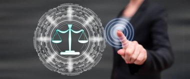 Adalet kavramı onun parmak dokunmatik ekranlı cep bilgisayarlarda dokunmadan kadın