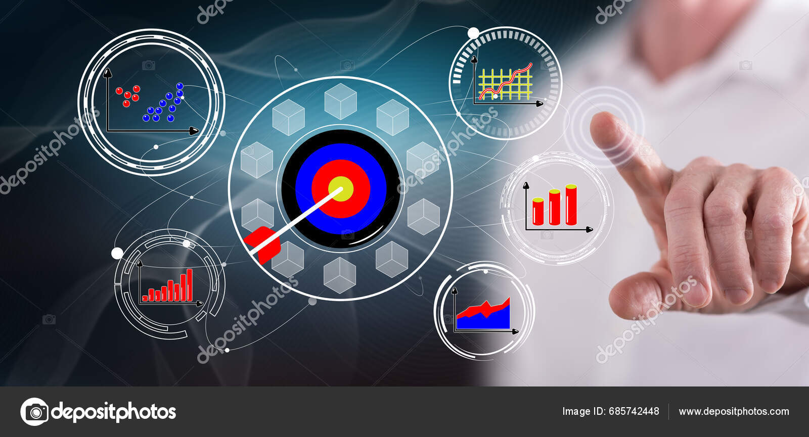 Man Touching Target Marketing Concept Touch Screen His Finger Stock ...