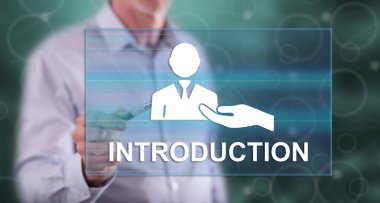 Kalemle dokunmatik ekranda bir tanıtım konseptine dokunan adam