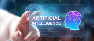 Dokunmatik ekranda parmaklarıyla yapay zeka kavramına dokunan kadın.