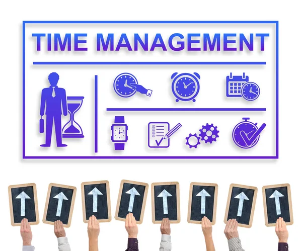 Hands holding writing slates with arrows pointing on time management concept