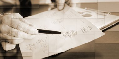 Bir iş planı üzerinde çalışan iş adamları, geometrik şablon