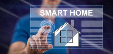 Adam dokunmatik ekranda akıllı bir ev kavramına parmağıyla dokunuyor.