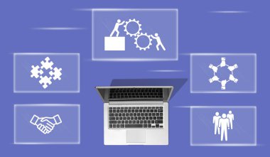 Takım çalışması konseptine sahip dizüstü bilgisayarın üst görünümü