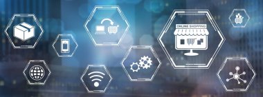 Bulanık arkaplanda simgelerle çevrimiçi alışveriş kavramı