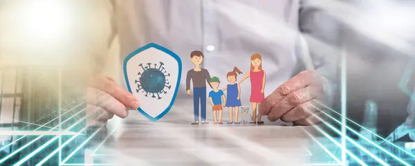 Man holding a shield with virus and a family; concept of family insurance during covid-19 outbreak; multiple exposure