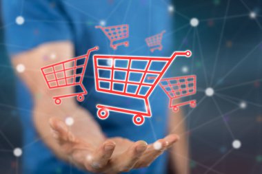 Alışveriş konsepti, arka plandaki bir adamın elinin üstünde.