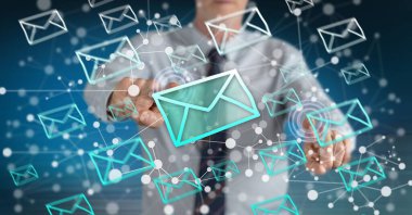 Bir e-posta kavramı onun parmak dokunmatik ekranlı cep bilgisayarlarda dokunmadan adam