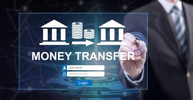 Stylus kalemle dokunmatik ekranda para transferi kavramına dokunan adam