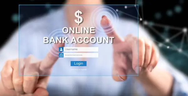 女人触摸一个网上银行帐户网站上触摸屏与她的手指 免版税图库图片