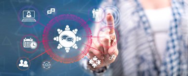 Bir kadın dokunmatik ekranda toplantı konseptine parmağıyla dokunuyor.