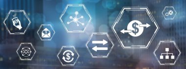 Bulanık koyu arkaplanda simgeleri olan para aktarımı kavramı