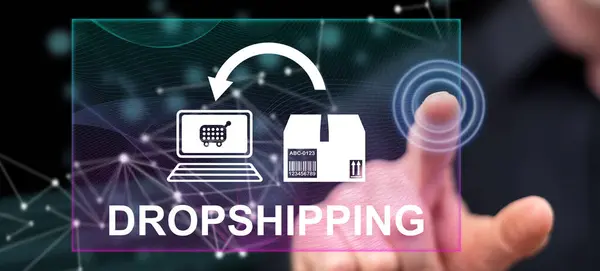 Mann Berührt Drop Shipping Konzept Auf Touchscreen Mit Dem Finger Stockfoto