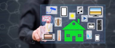 Adam dokunmatik ekranda akıllı bir ev kavramına parmağıyla dokunuyor.